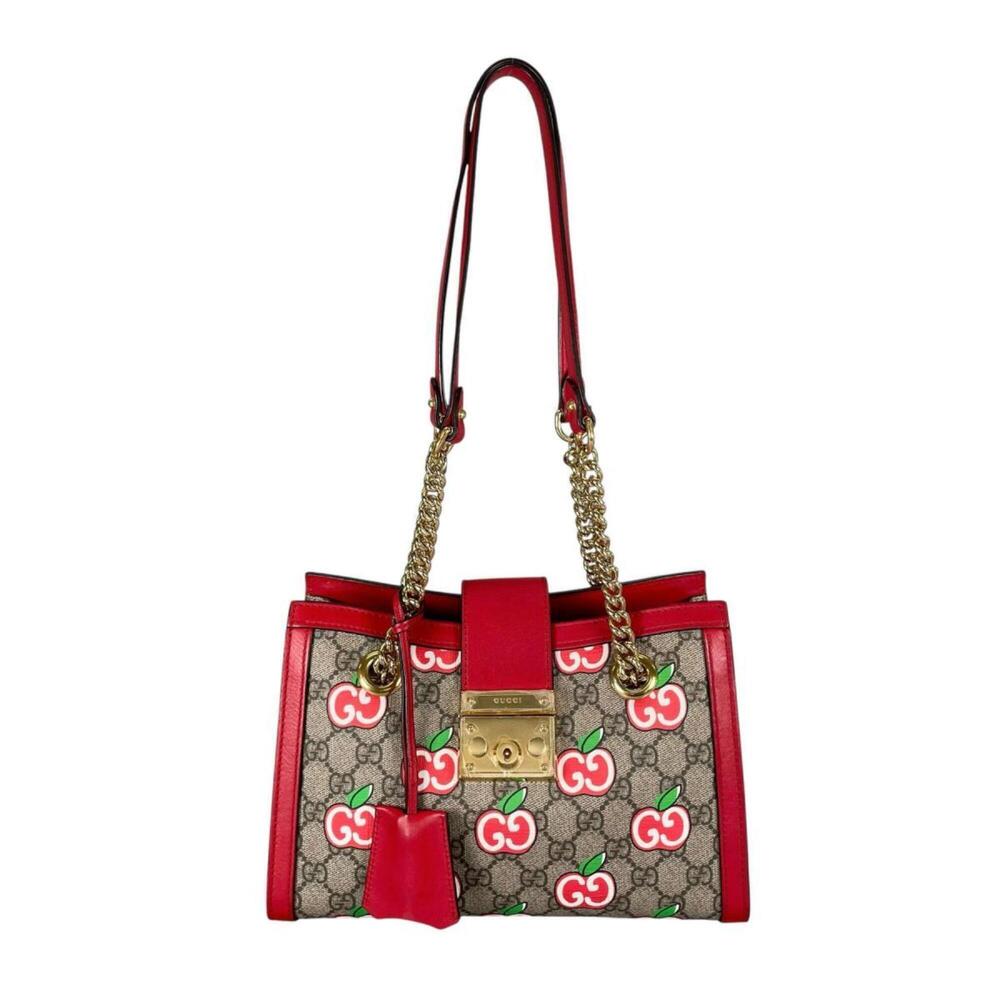 Gucci GG Apple Padlock Shoulder Bag, Canvas, 498156, Beige x Red Multicolor